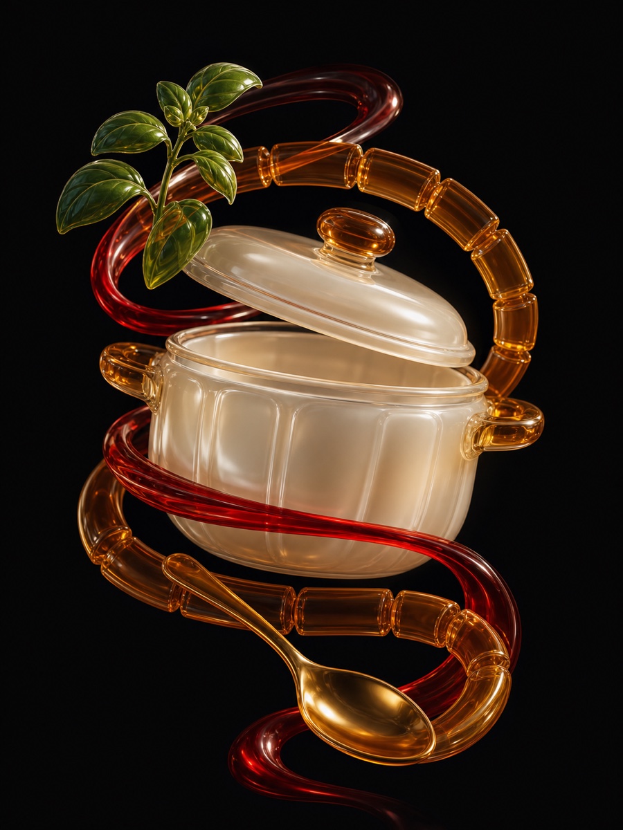 Pearl cooking pot wrapped in glossy timer rings, herbs, and a serving spoon