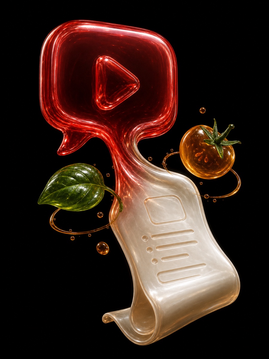 Glossy message bubble flowing into a recipe with basil and tomato sculptures