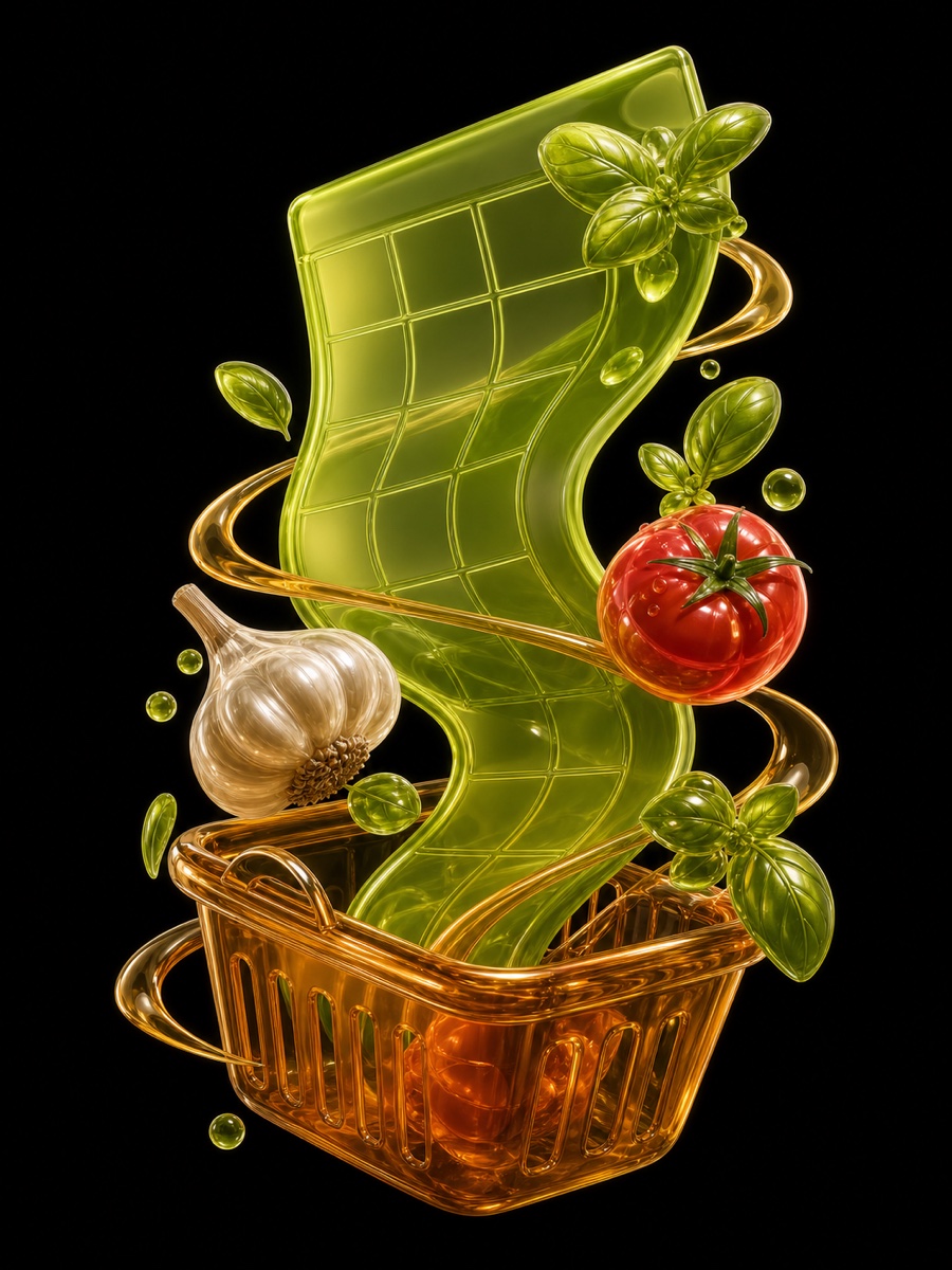 Glossy green meal calendar flowing into an amber grocery basket